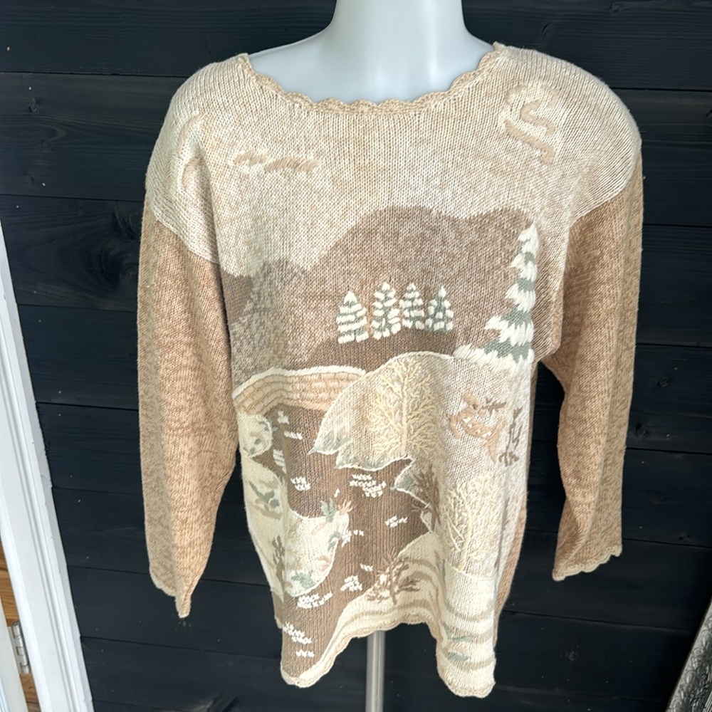 Vintage Christmas Sweater Snowy‎ Landscape 90s New with tag